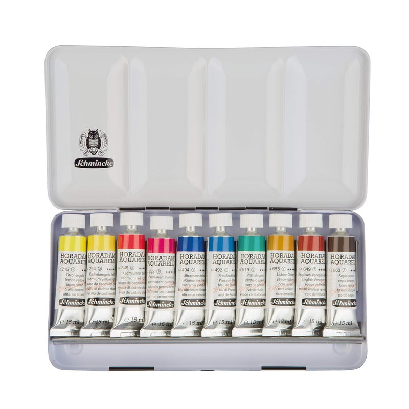Schmincke - HORADAMÂ® AQUARELL color box, 10 x 15 ml tubes, basic assortment, 74510097, metal box, painting set, finest premium watercolors - Image 1